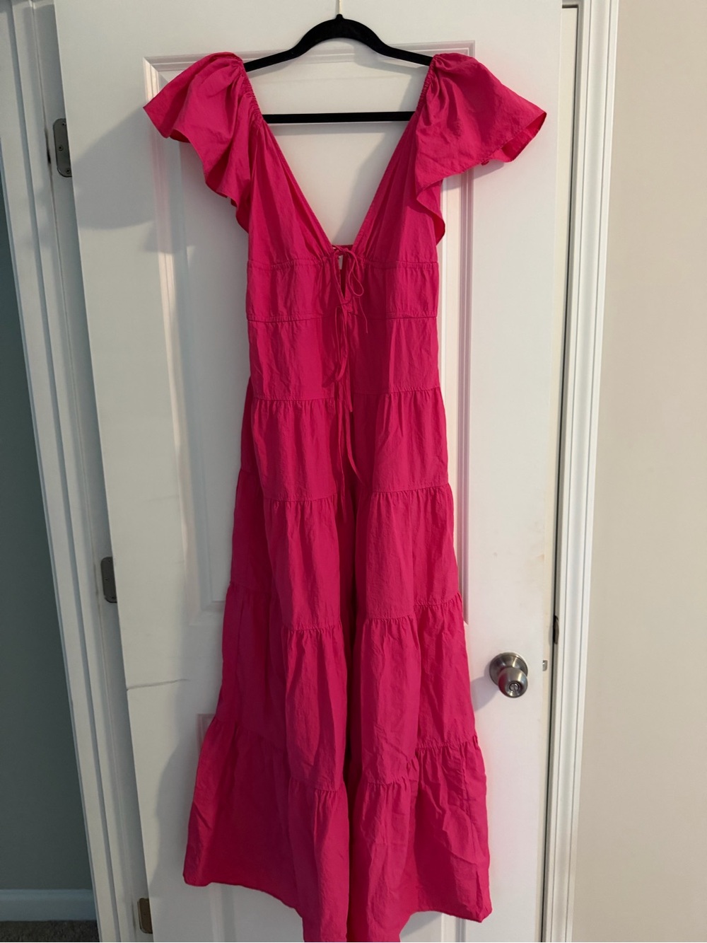 Buddy Love Hot Pink Tiered V-Neck Maxi Dress with Flutter Sleeves